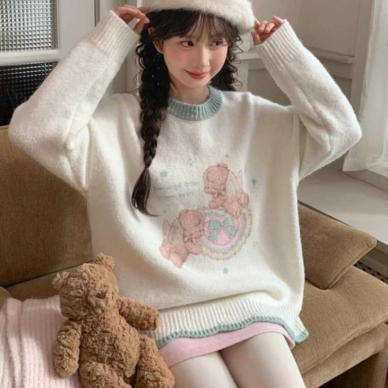 

Kawaii Sweet Cartoon Bear Loose Sweaters Women Autumn Winter Lolita Style Knitted Pullovers Tops Female Casual Y2k Knitwear Coat