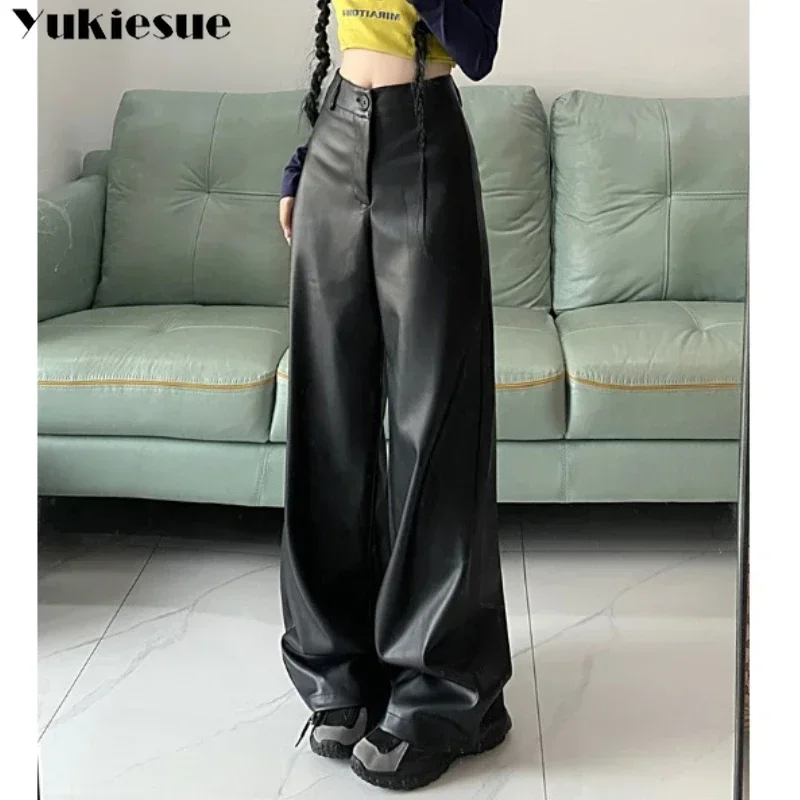 

Кожаные брюки из искусственной кожи с высокой талией, кожаные брюки для женщин, осень-зима 202, новые свободные модные тонкие уличные брюки без карманов по индивидуальному заказу