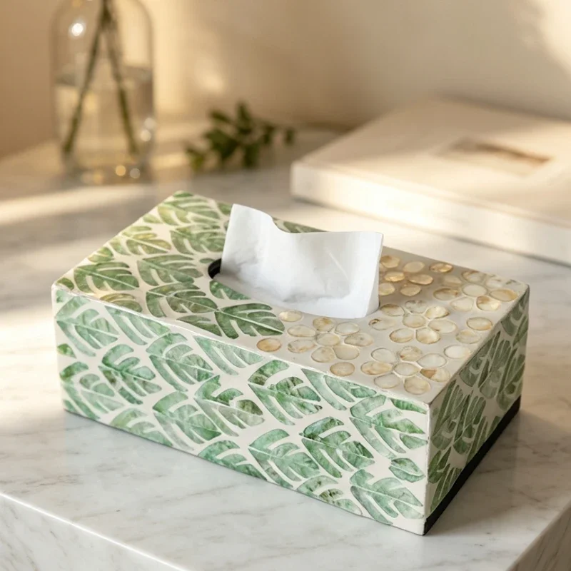 Natural Shell Inlay Tissue Box Household Desktop Napkin Holder Decor Storage Case for Living Room Coffee Table Hotel Home Decor