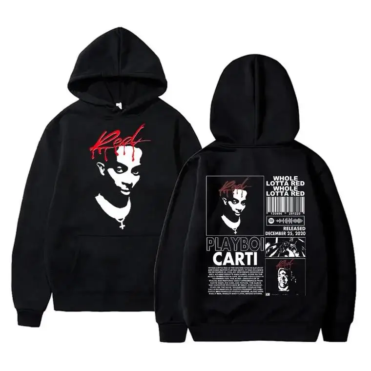 Playboi Carti Hoodie Red Album Graphic Sweatshirt Mens Womens Hip Hop Vintage Oversized Hoodies Streetwear