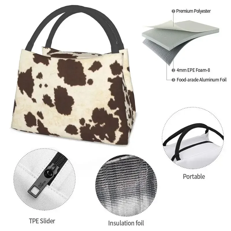 brown and white cowhide lunch bag for women\'s cooler insulated lunch box, used for camping, camping