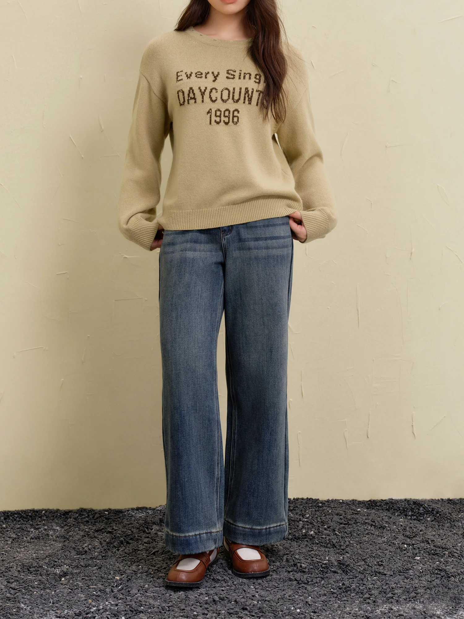 DUSHU WinterWomen Sweater Letter Printed Female Brown Casual Pullover Sweaters Round Neck Drop Sleeve Knitted Tops 24DS84642