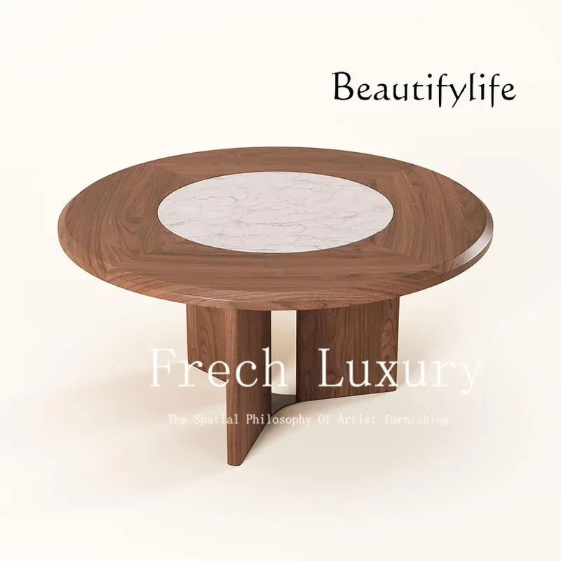 N40 Italian minimalist round solid wood dining table premium sense wabi style retro marble turntable dining table