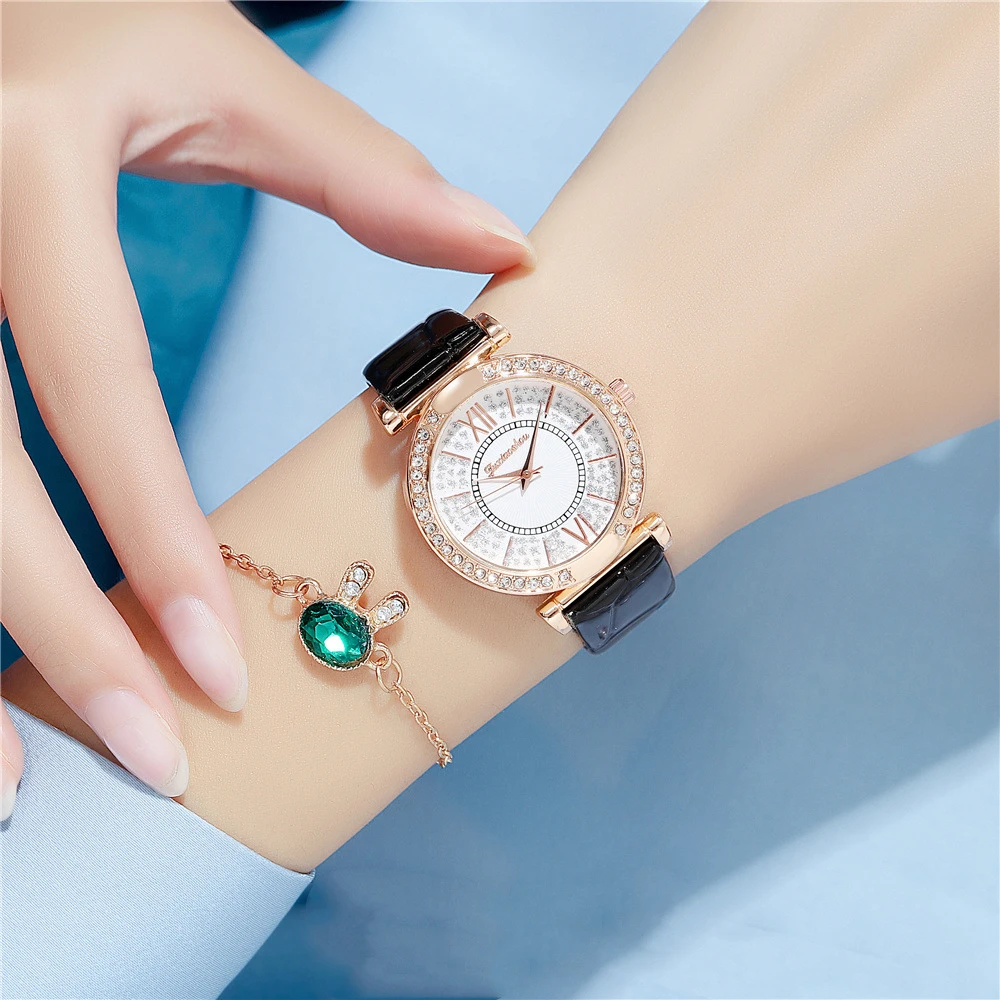 Luxury Diamond Women Fashion Watches Roma Scale Simple Full of stars Ladies Quartz Wristwatches Leather Female Clock Gifts