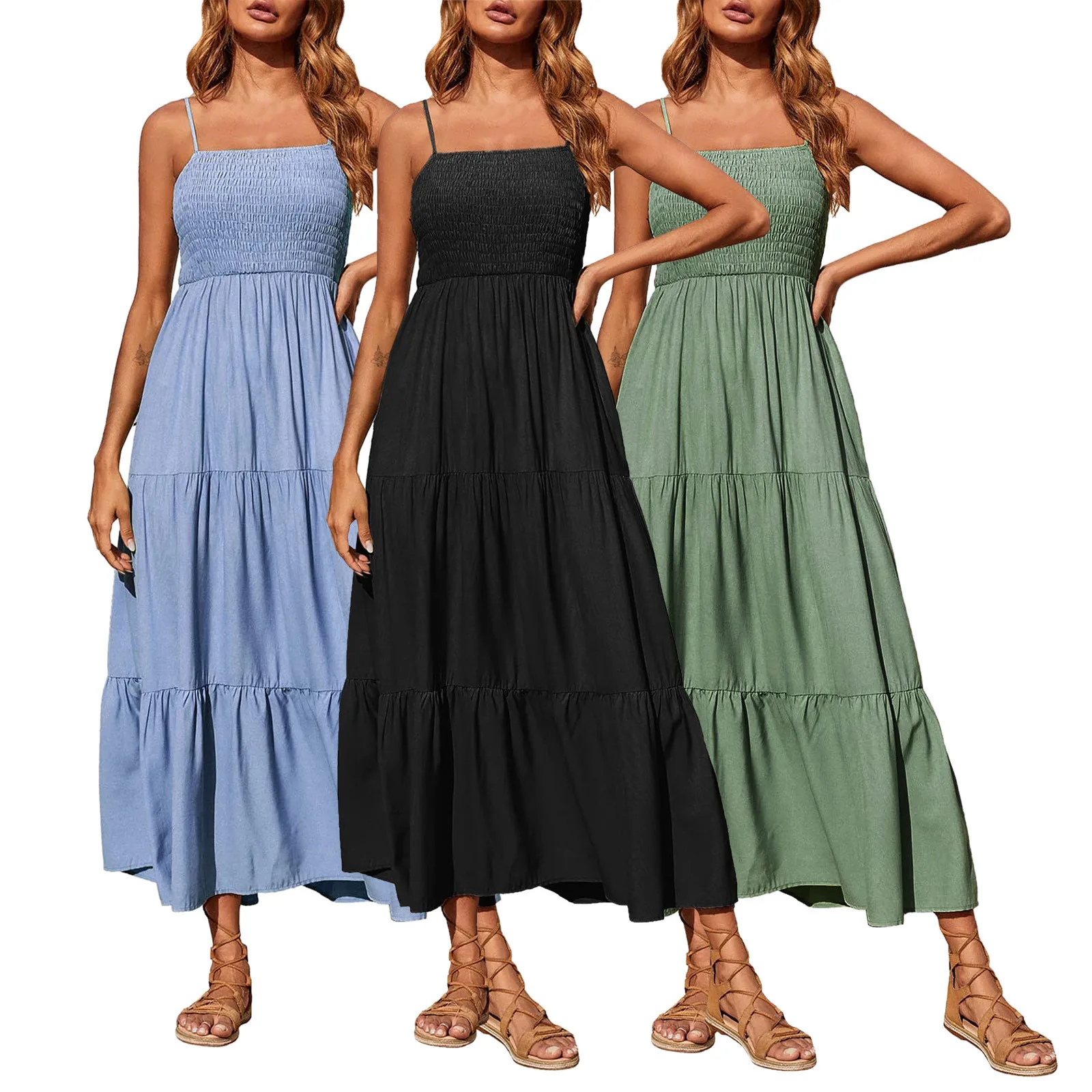 Vestido Maxi Sexy Feminino, Boho Sem Mangas, Camadas Smocked, Vestido Long Beach, Wrap Sundress, Casual Wrap, Verão