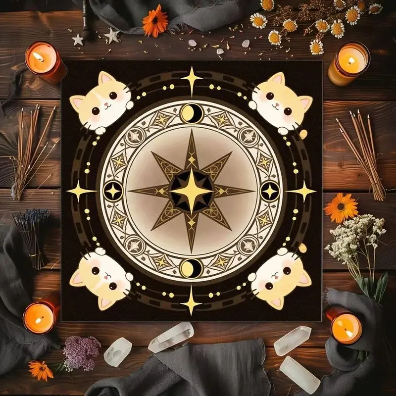 Mysterious Astrology Cute Cat Hexagram Star Moon Altar Cloth Tarot Card Tablecloth Wicka Divination Witchcraft Spiritual Decor