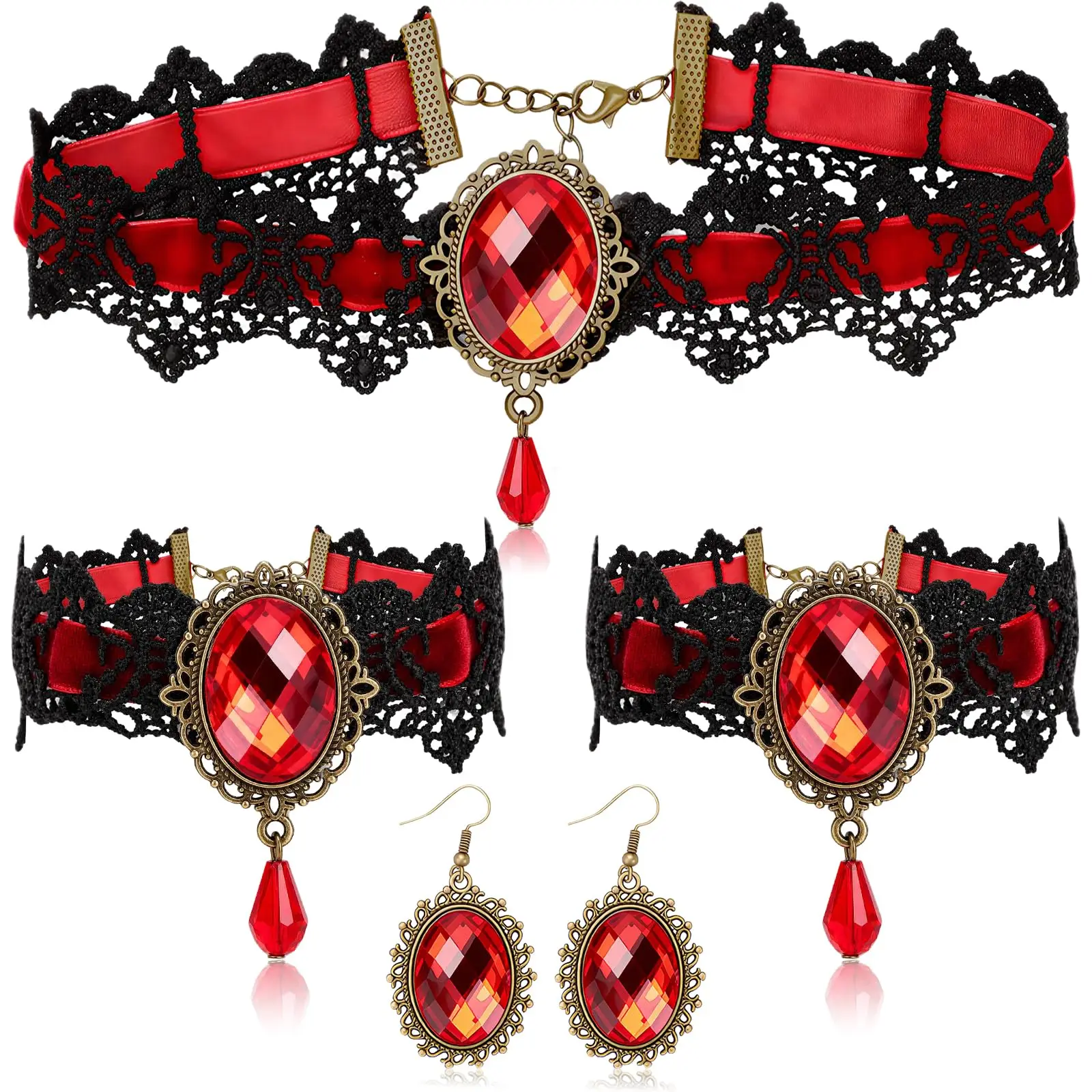 Gothic Vampire Accessories Choker Necklace Earrings Bracelets with Rings 5 Pcs Jewelry Set, Halloween Steampunk Victorian Goth Witch Vampire Costume for Women, Black Lace Choker, Adjustable Length