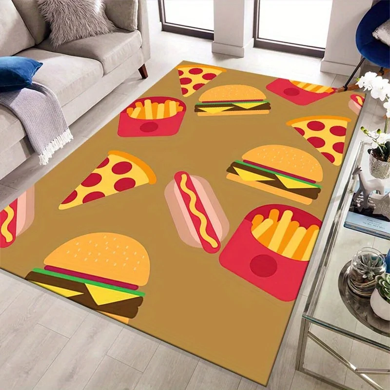 Funny Fast Food Doormat, Cartoon Burger Pizza Floor Rug, Non-Slip Welcome Mat for Kitchen Entryway Home Decor Gift