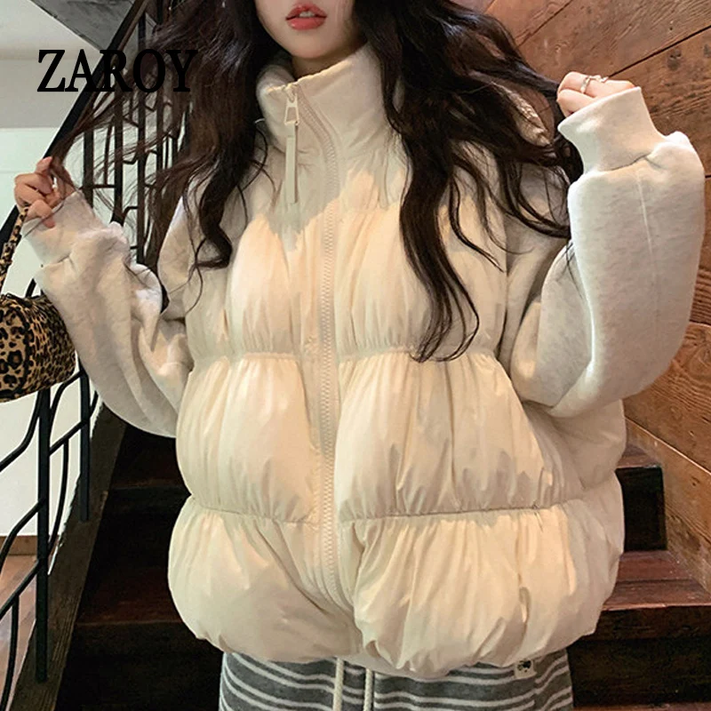 ZAROY Women Cotton Down Vest Jacket Autumn Winter Stand Collar Sleeveless Outerwear Casual Elegant Pleated Fluffy Waistcoat Coat