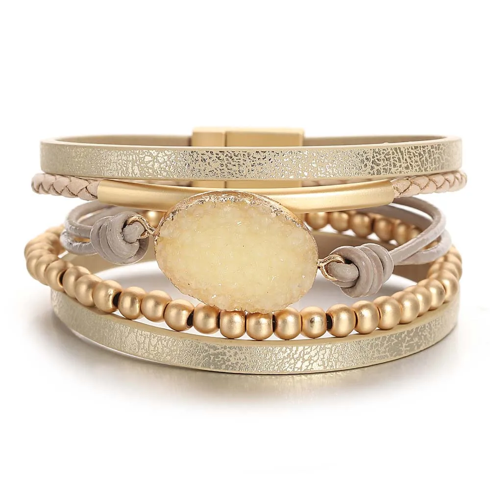 

Amorcome Trendy Resin Stones Charm Braided Leather Bracelets for Women Boho Metal Beads Multilayer Wrap Bracelet Femme Jewelry