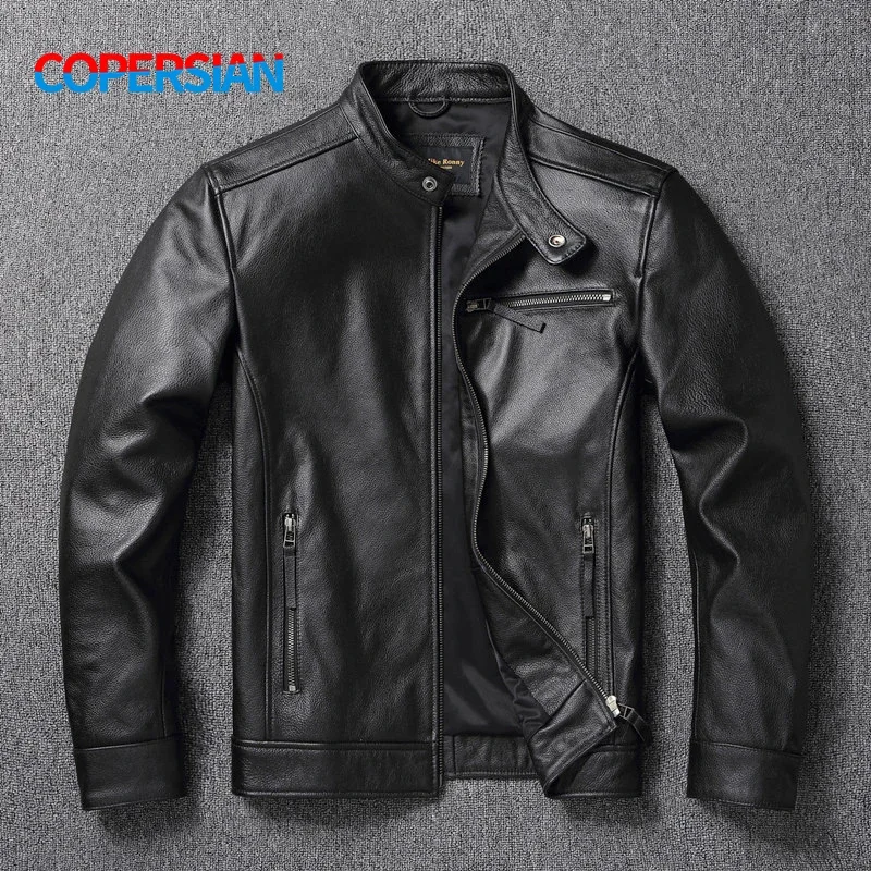 

New 2024 Spring and Autumn Top Layer Cowhide Plus Size Leather Jacket High Quality Slim Casual Classic Stand Collar Coat