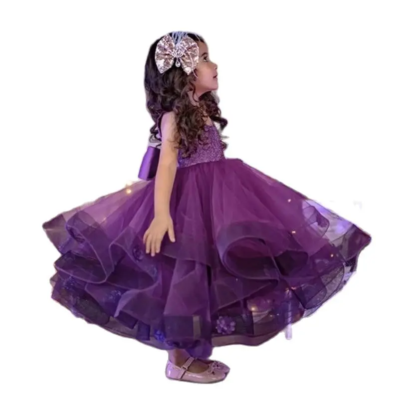 Bonito vestido de flores púrpura para niña, falda hinchada 3D, apliques de flores, forro de algodón, ropa para bebé, vestido de fiesta de cumpleaños con lazo