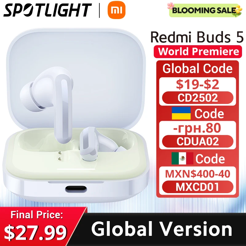 Xiaomi-Redmi Buds 5, Suppression active du bruit 46dB, Jusqu'à 40 heures de touristes, Connectivité de l'appareil, Version globale, Première mondiale