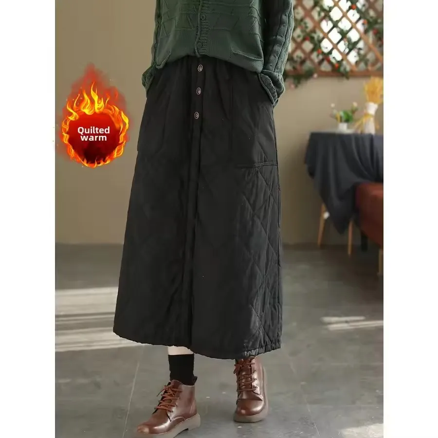 Retro High Waist Long Cotton Half Skirt Warm Quilted Diamond Pattern A- Skirt Women's Casual Midi Split Skirt