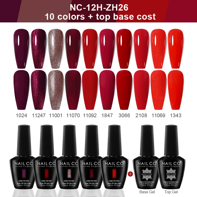 NAILCO Gel Nail Polish 12Pcs/Set Soak Off UV LED Nail Varnish 10 Colors&Top Base Coat Kit Semi Permanent Nail Gel Manicure DIY