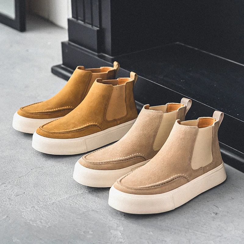 Fashion Real Leather Men Casual British Cow Suede Shoes Handmade Vintage Ankle Boots Slip-On Men Business Chelsea Boots Autumn