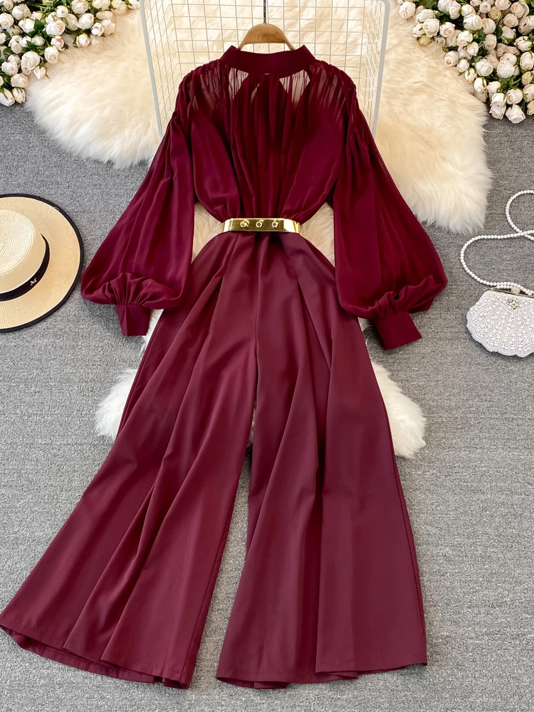 Vintage Women Jumpsuits Autumn Lantern Long Sleeve Stand Collar High Waist Wide Leg Draped Romper Female Elegant Playsuits New