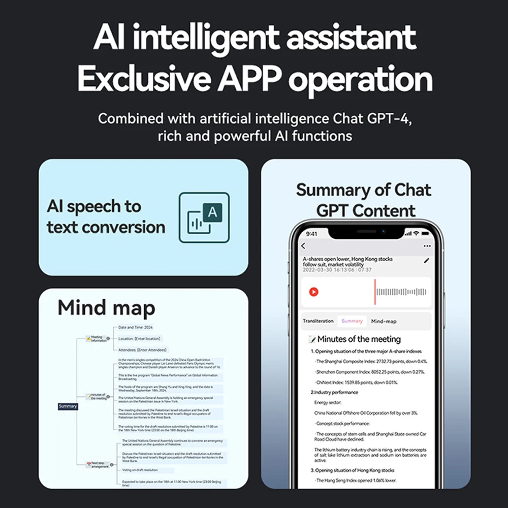AI Intelligent Summary Voice Recorder Ultra Thin Language Translation APP Programmable Dictaphone for Conference Interview