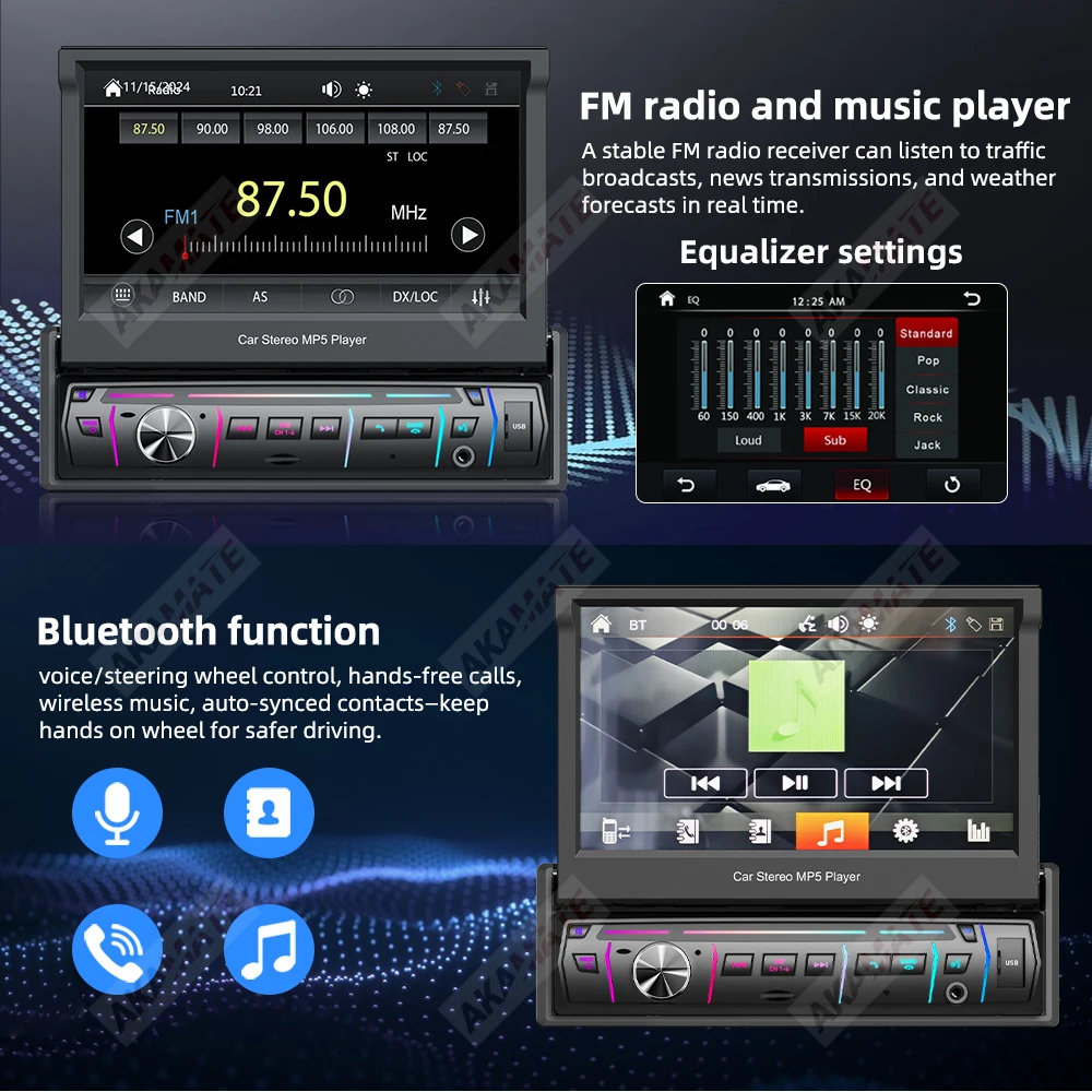 7インチカーラジオ格納式スクリーン容量性ミラーリンクBluetooth音声アシスタントFM 1Dinユニバーサルオートラジオマルチメディアプレーヤー