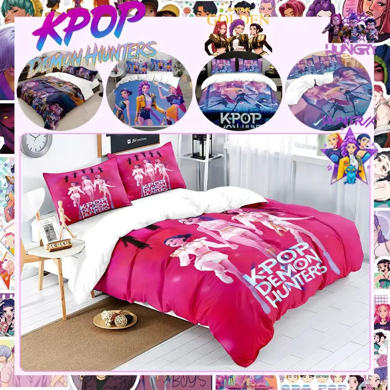 2025 Kpop شيطان الصيادين Huntrix طقم سرير ساجا رومي ميرا أحجام كاملة غطاء لحاف ملاءات للأطفال الكبار