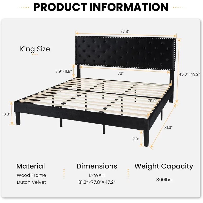 King Size Velvet Bed Frame with Adjustable Headboard, Diamond Button Tufted and Rivet Decor, No Box Spring Needed, Black