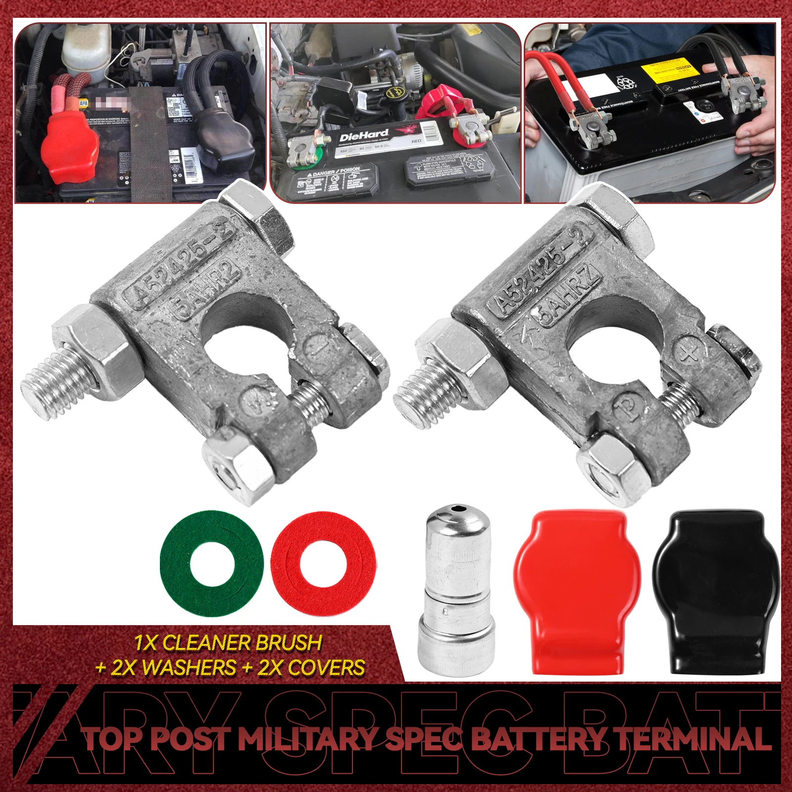 Military Spec Battery Terminal Top Post Kit P+ & N- for Car Auto Truck Rv Boat with Cover Washers Cleaner Brush Protector Fiber