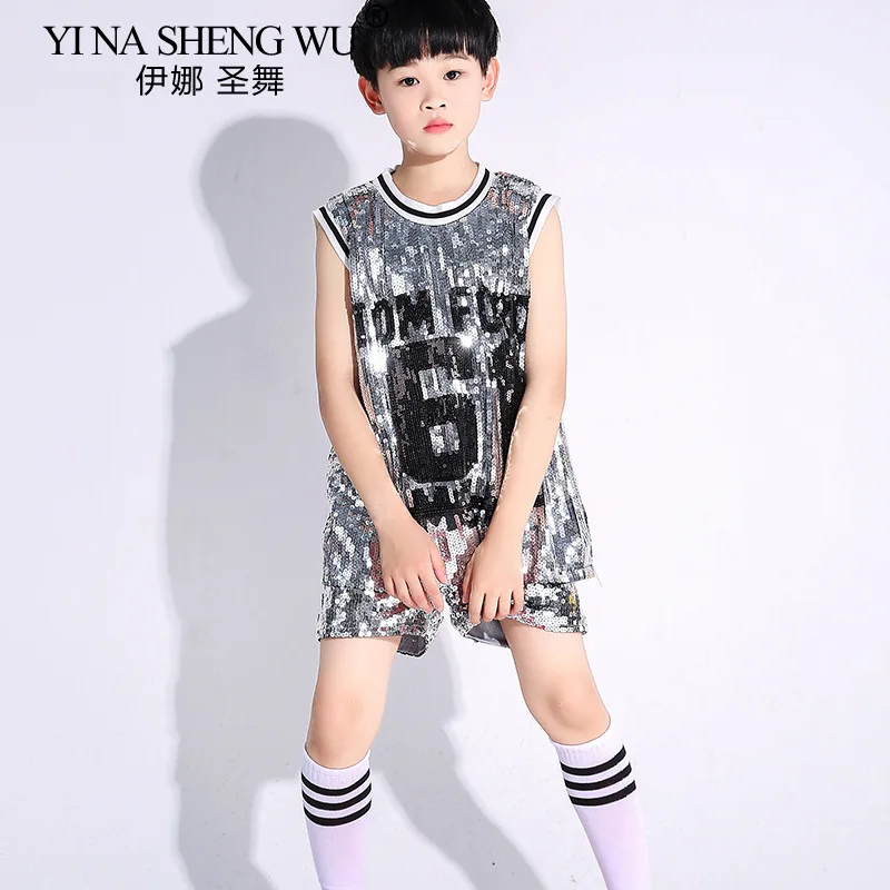 Sequin Jazz Dance Costume Boys and Girls Hip Hop Street Dance Modern Dance Cheerleading Performance Sleeveless Top Shorts Set