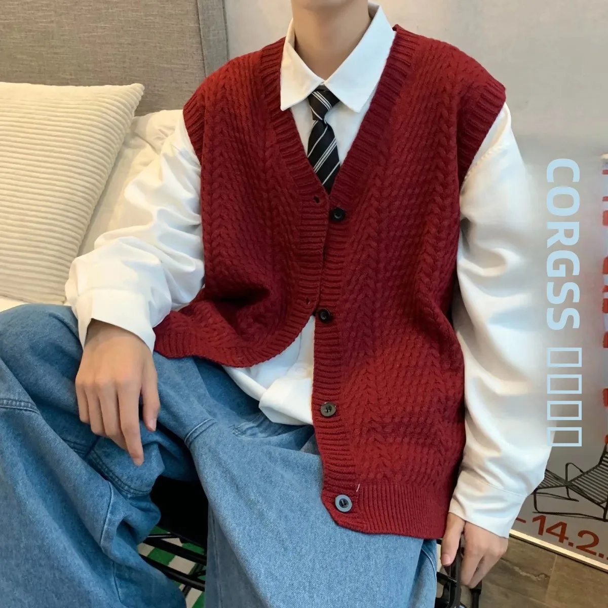 

Knitted Sweater Vest Loose Spring Autumn American Retro Lazy Couple's Open Cardigan Coat for Teenagers And Couples