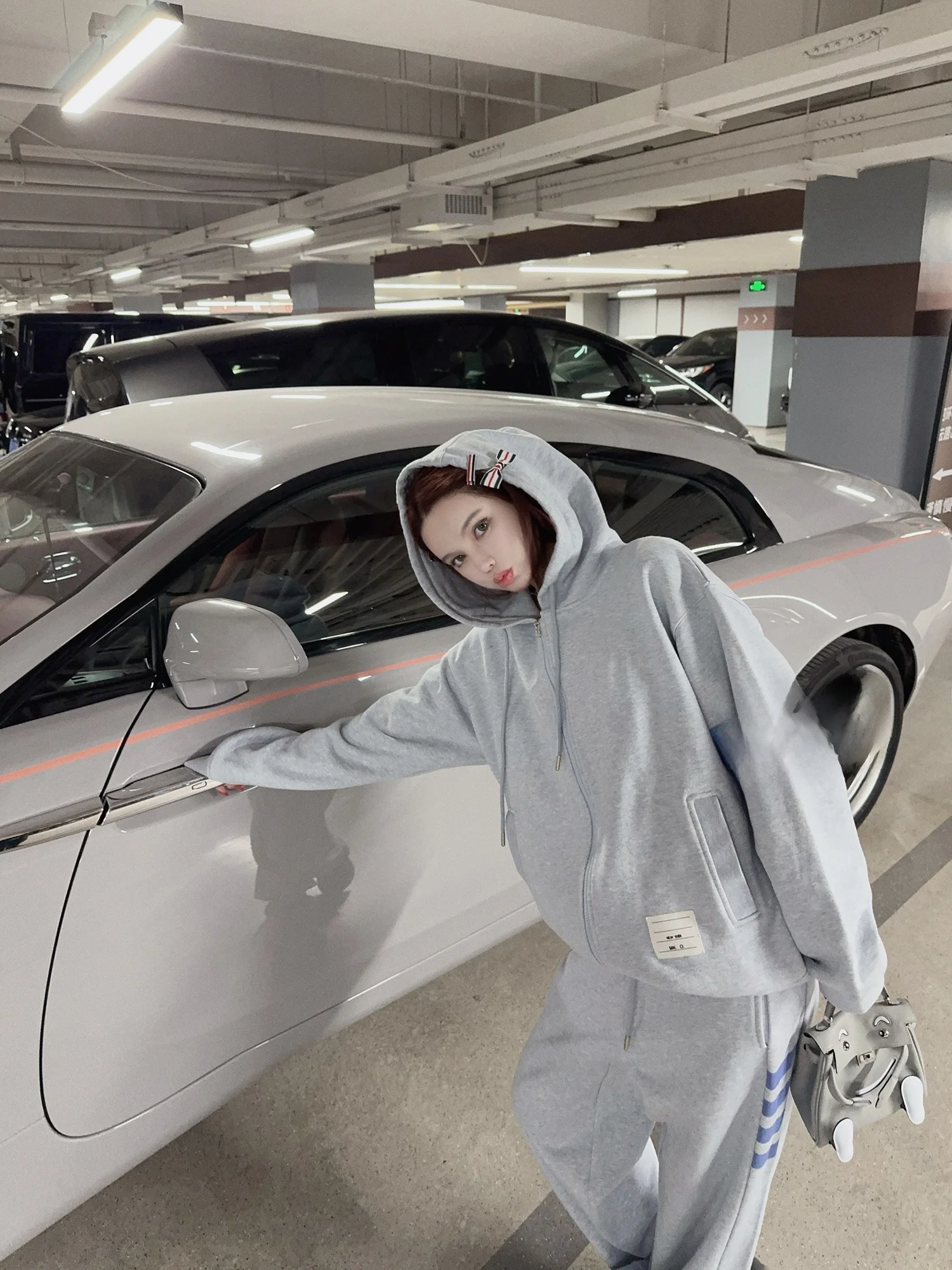 

Faionable Casual Loose Women's Sweatirt Set Autumn Winter High Waist Zipper Pants Striped Print Comfortable Warm Cotton