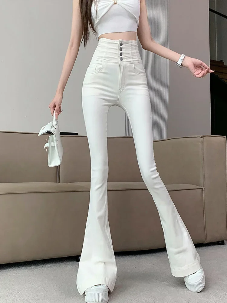 Women's High Waist Skinny Full Length Micro Flare Jeans Lady Summer Autumn Streetwear Slim Boot Cut Long Jeans