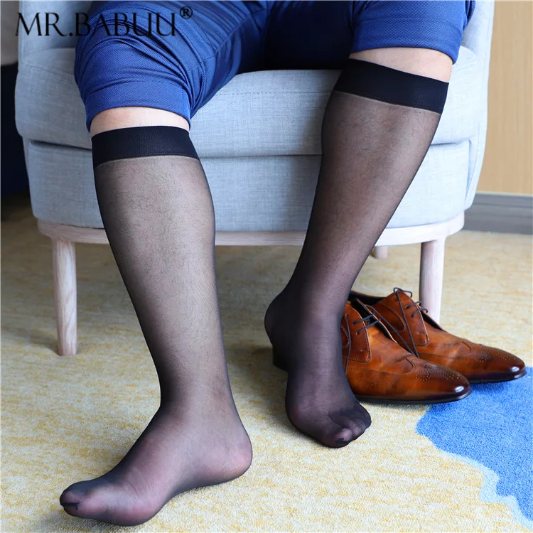 Men's Business Formal Dress Socks Middle High Tube Elastic Sheer Stocking Double Layer Transparent Nylon Socks