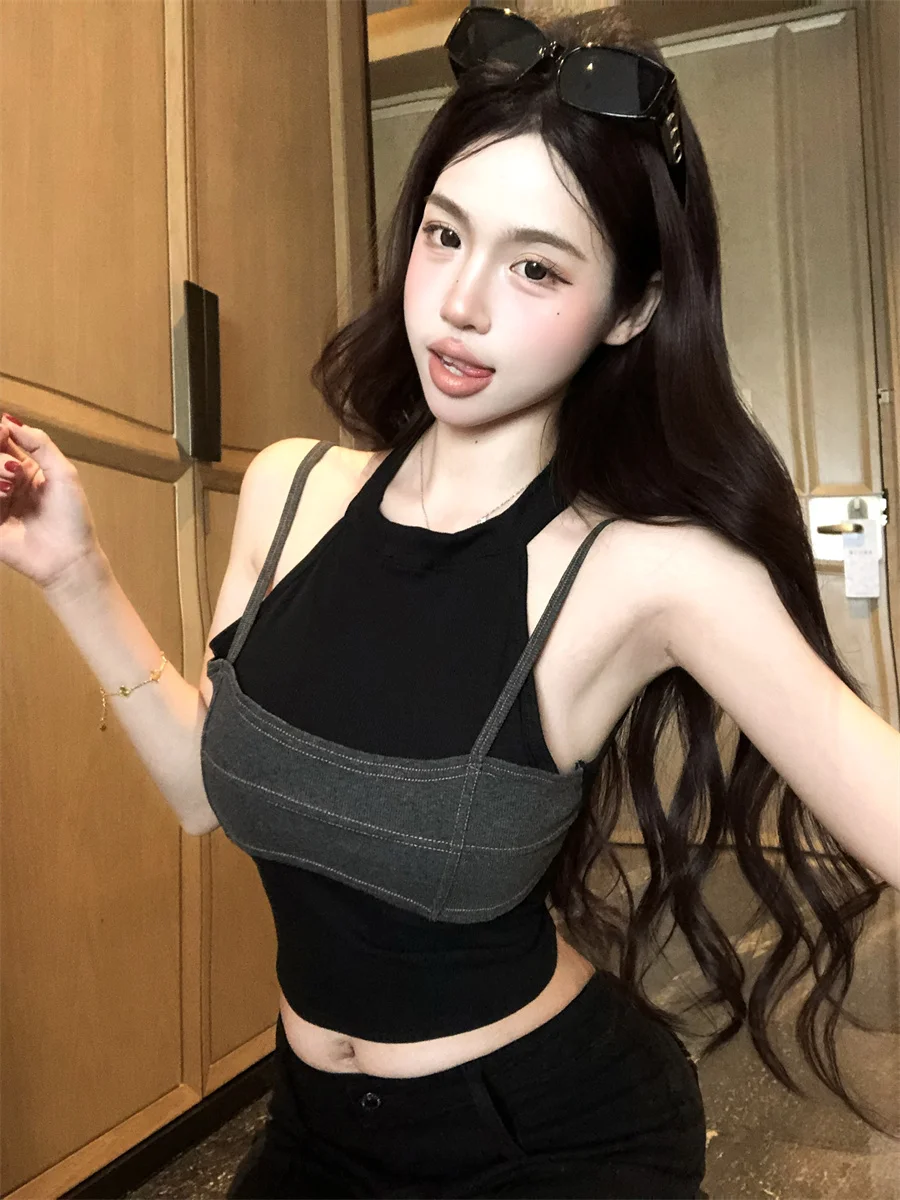 

Color Block Design Short Crop Top Backless Slimming Vest Korean Style Commute Fashion Biker Jacket Outerwear for Women