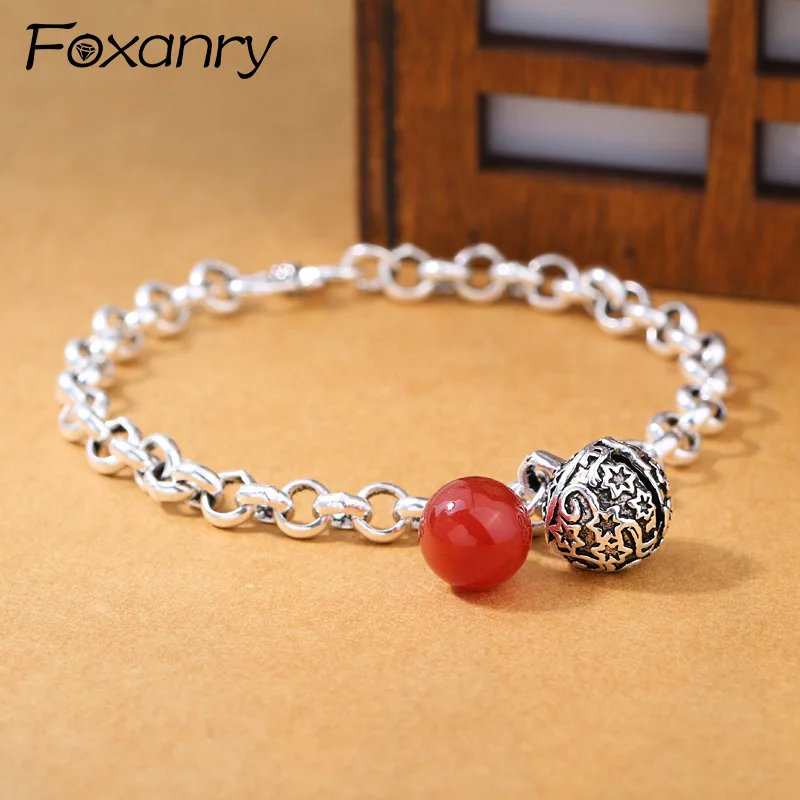 Foxanry Silver Color Red Zircon Bell Pendant Bracelet For Women Couples New Fashion Vintage Simple Birthday Jewelry Gifts