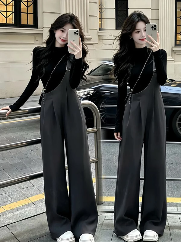Fashionable Long Sleeve T-Shirt And Wide Leg Overalls Women's Two-Piece Set Autumn Collection Casual Style High Waist Design