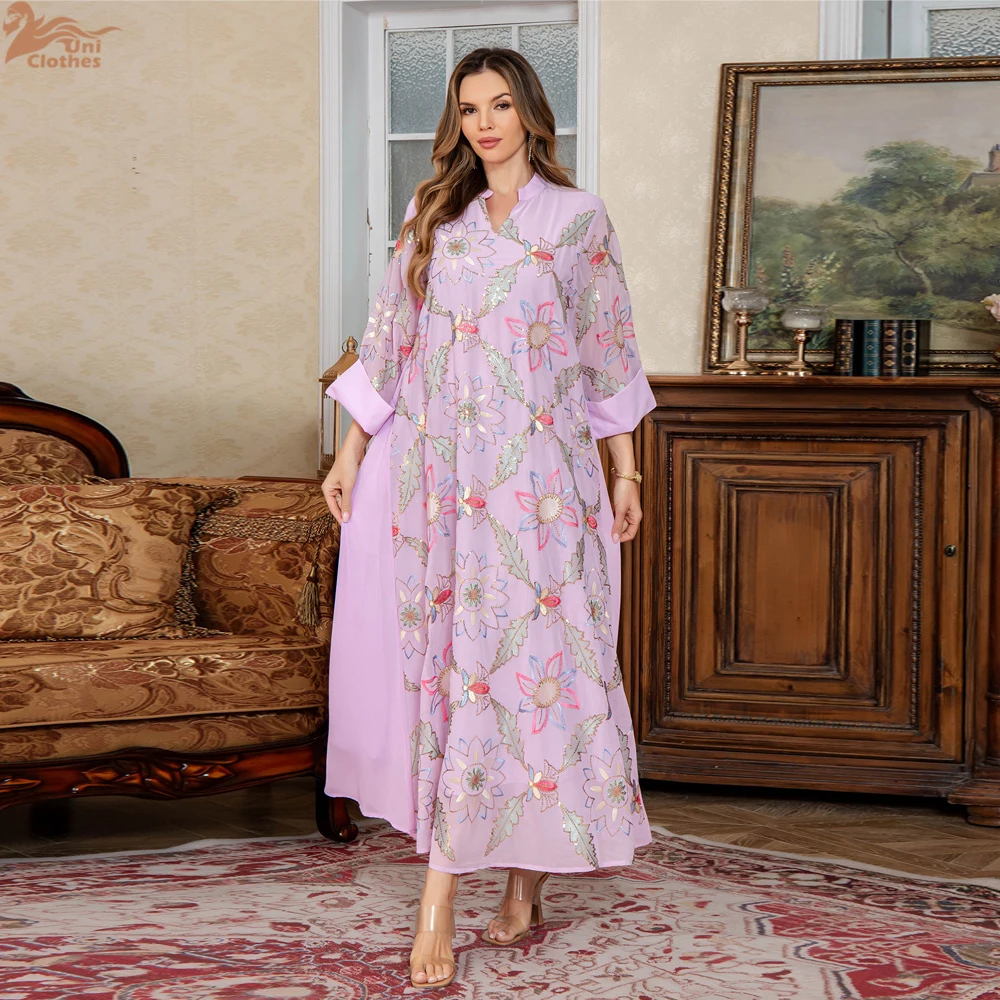 2025 ใหม่มุสลิมแฟชั่นดอกไม้เย็บปักถักร้อย Casual Abaya พับแขน Notched V คอชุดโมร็อกโกดูไบผู้หญิง Robe