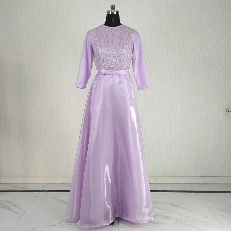 

Customized Real Photo Modest Evening Dress Beads O-neck 3/4 Sleeve Robe De Soiree A-line Floor-Length Woman Party Formal Gown