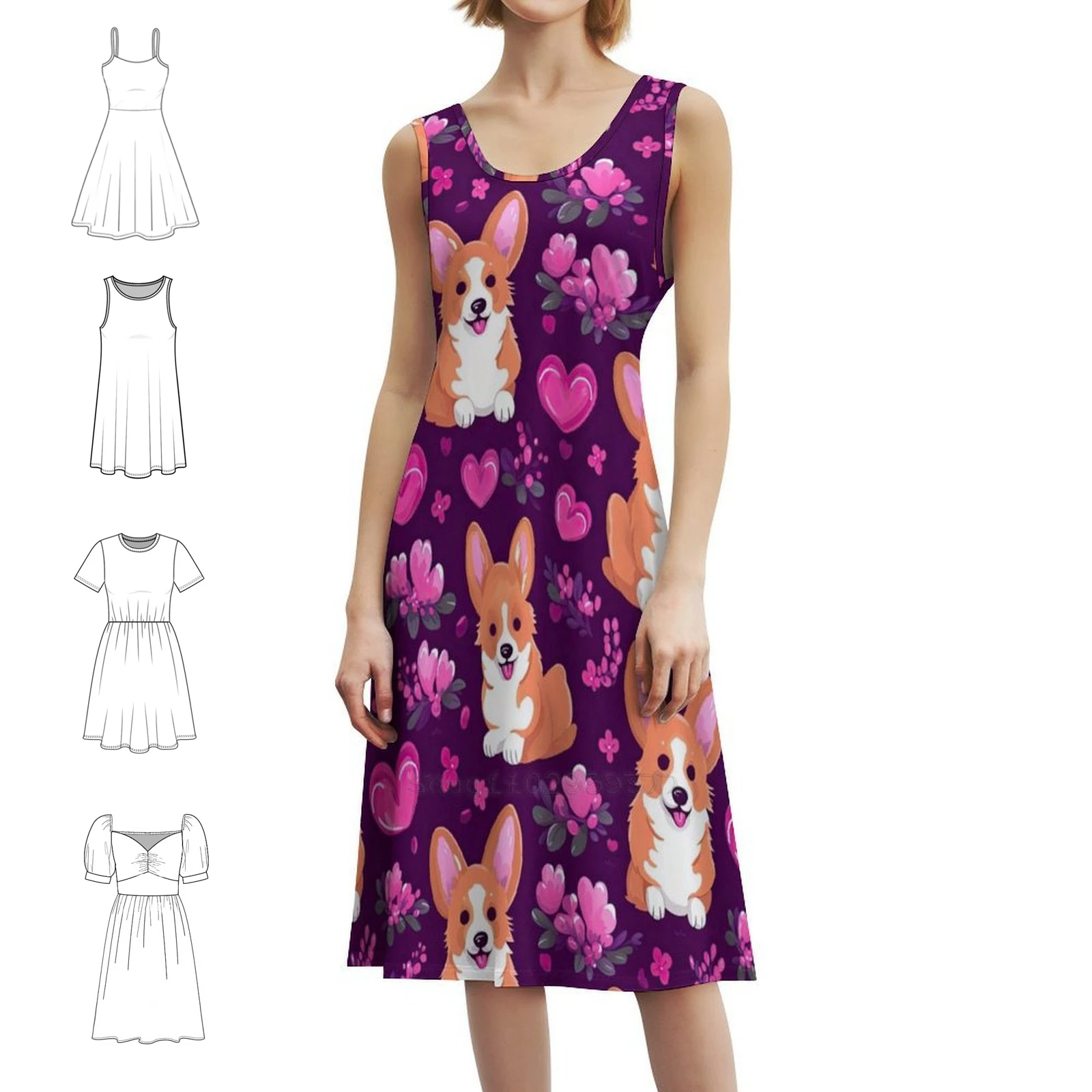 

Милая собака корги с розовыми и фиолетовыми цветами и сердечками, шикарное платье в стиле бохо, элегантное модное пляжное платье для свадебной вечеринки, собака корги корги