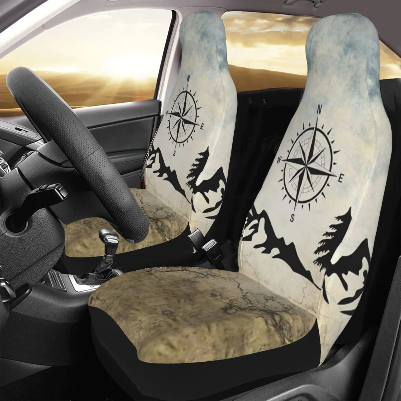 Black and White Compass Combination 2piece Seat Cover Anti Fouling Convenient Protective Cover Unique Style Universal Seat Cover