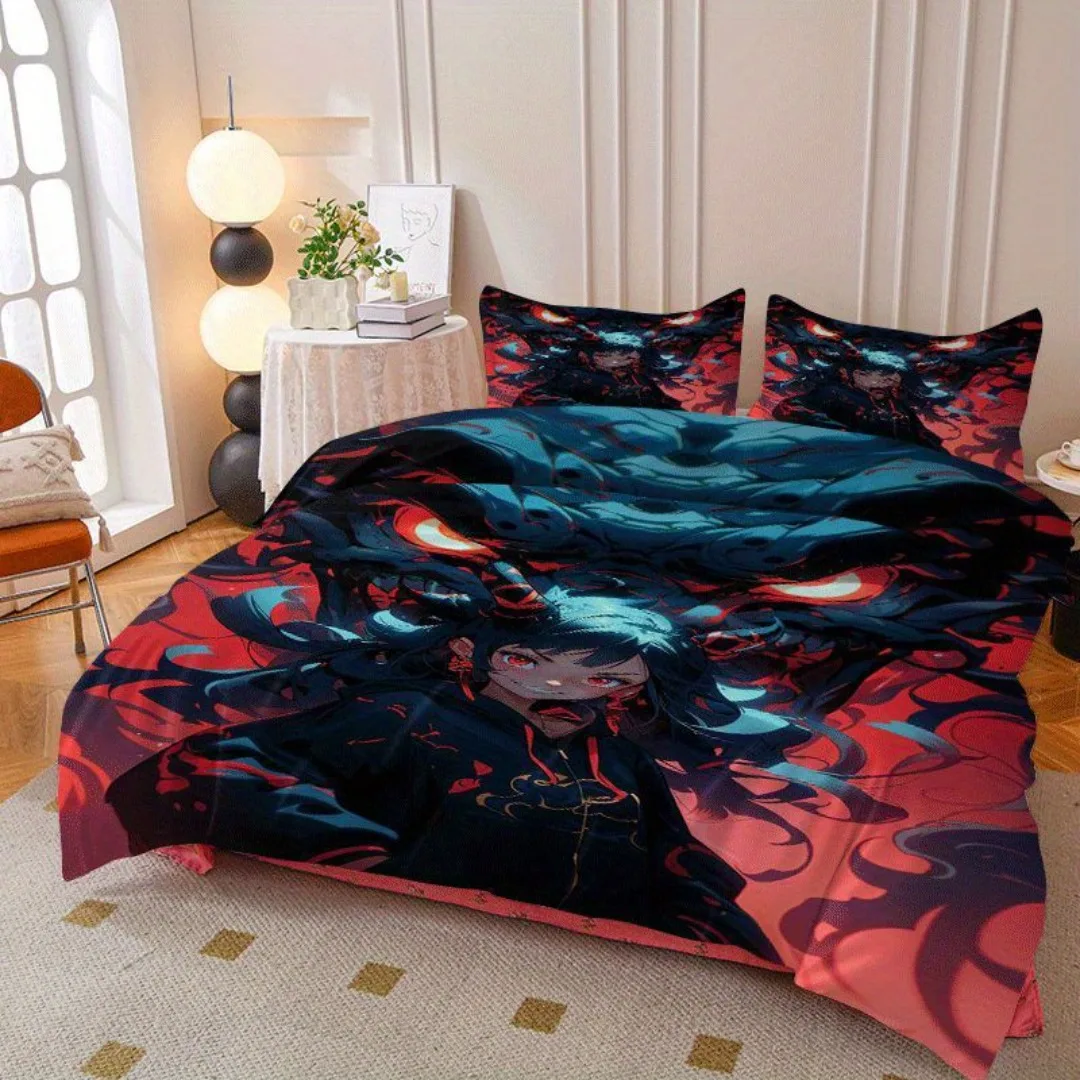 2/3pcs Dark Anime Girl Print Quilt Cover Set, Quilt Cover Set Contains Quilt Cover and Pillowcase - Perfect for Bedroom, Bedding