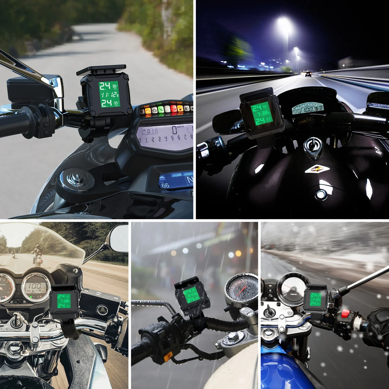

Tire Pressure Monitoring System Solar Charging Waterproof Motorcycle Tyre Alarm with Large LCD Screen 2 External Sensors