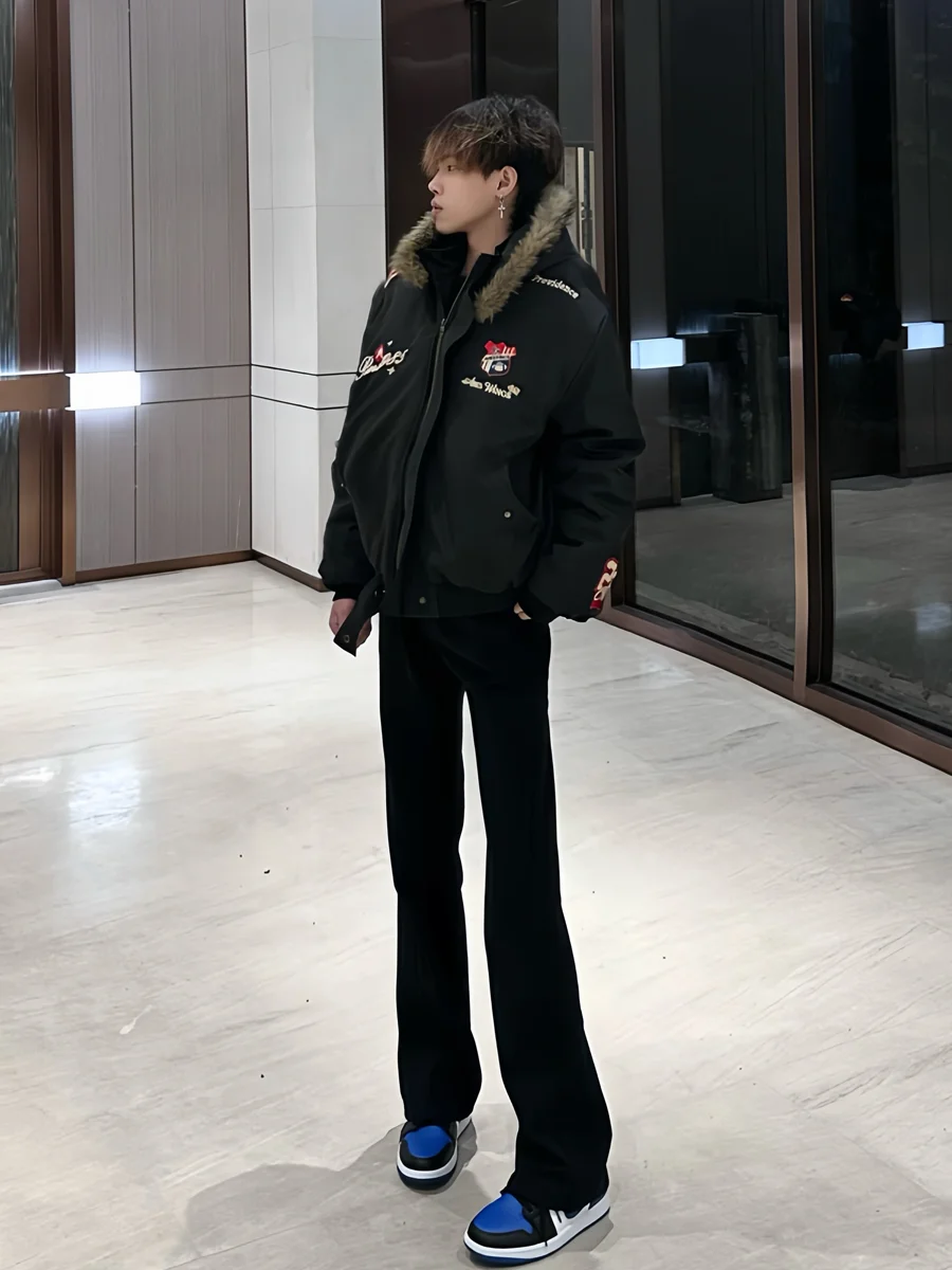 

Ретро-куртка в американском стиле с вышивкой орла, хлопковая, с отстегивающимся меховым воротником, зимняя, теплая, для молодежи