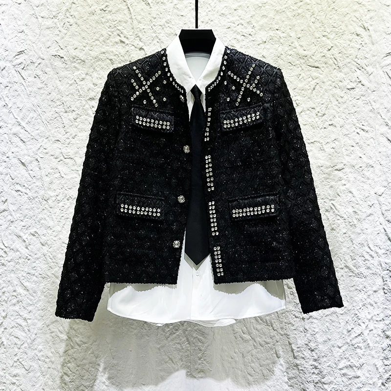 Heavy Industry Diamond Studded Short Jacket Men's Plaid Design Jacket Stand Collar Social Banquet Stage Performance Costumes