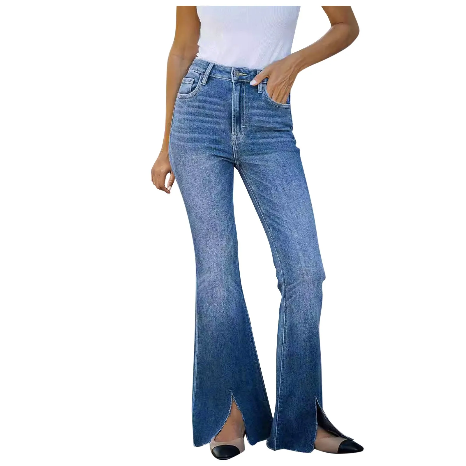 Women'S Wide Leg Split Elegant High Waist Temperament Commuter Jeans Stretch Boot Cut Jeans Y2k Hip-Lifting Denim Flared Pants