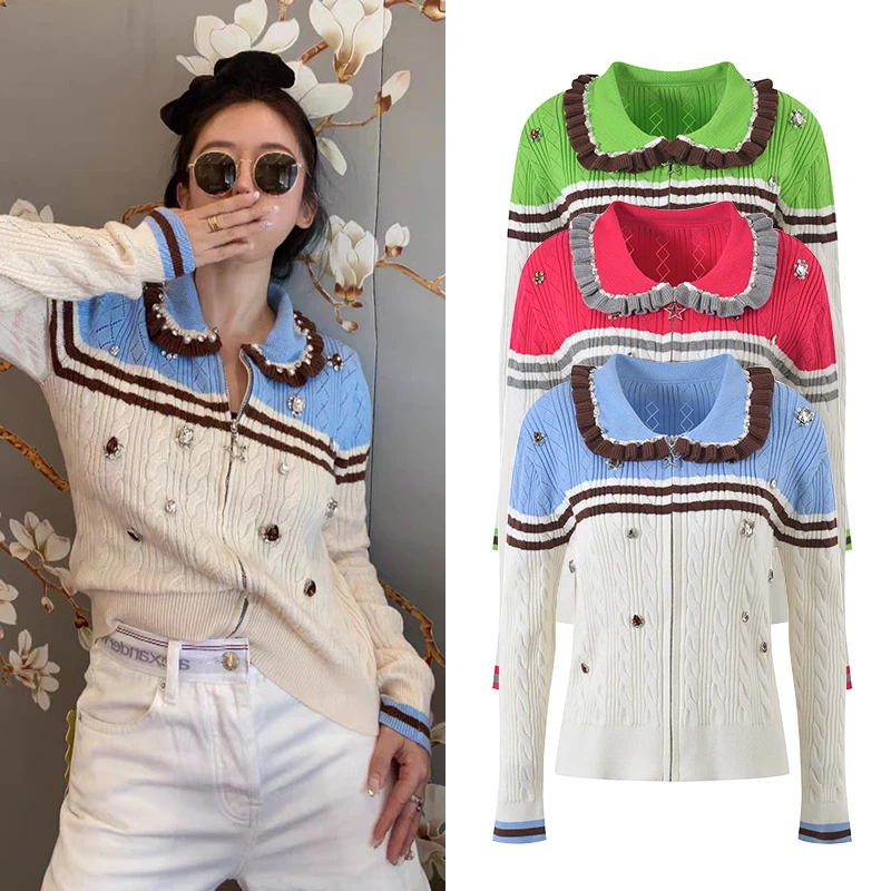 

High-End Version Women's Slim Fit Knitted Sweater Zipper Design Color Blo Star Pattern Long Sve Winter Faion Top