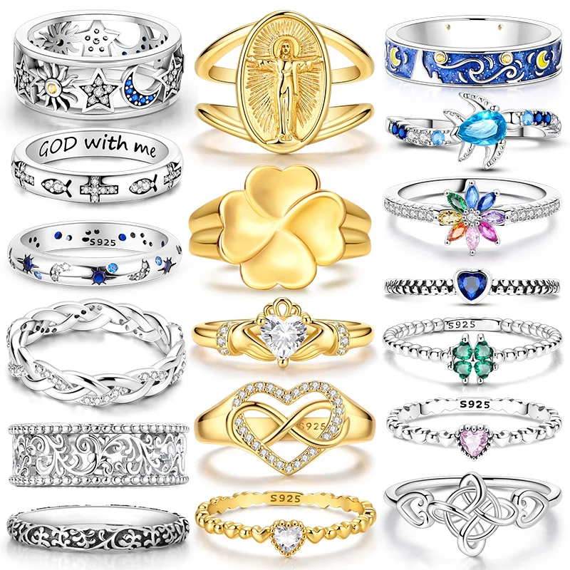 925 Sterling Silver Rings Stackable Vintage Starry Night Love Heart Jesus Rings For Women Wedding Anniversary Party Jewelry Gift