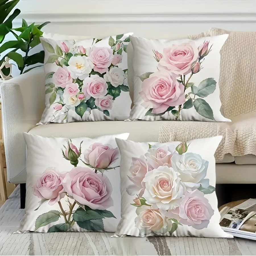 

4 шт., розовый и белый узор розы, домашний декор, наволочка для гостиной, дивана, полиэстеровая наволочка с застежкой-молнией