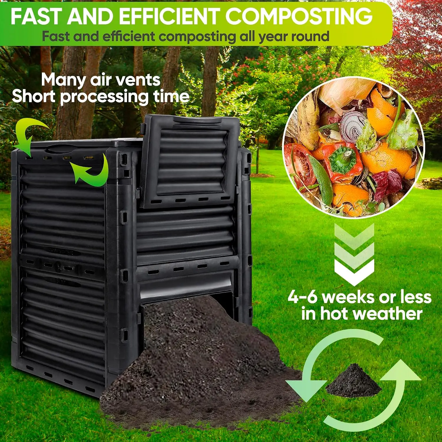 SUPER DEAL 80 Gallon Compost Bin, Outdoor 300 L Garden Composter, Large Capacity BPA Free Material for Fast Creation of Fertile Soil, Easy to Assemble, Black (Black, 80 Gallon)