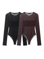 Women Sexy Mesh See Through Bodysuit Women Long Sleeve Sheer Bodysuits O Neck Bodycon Jumpsuit Female Romper - Image 3
