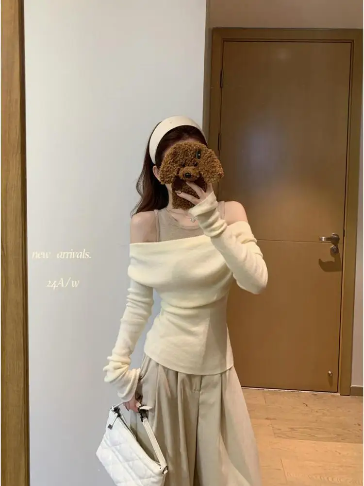 

Korean Fashion 2025 Women's Beige Patchwork Off Shoulder Short Cotton Sweater Autumn Winter Pink Long Sleeves Knit Tops Ladies
