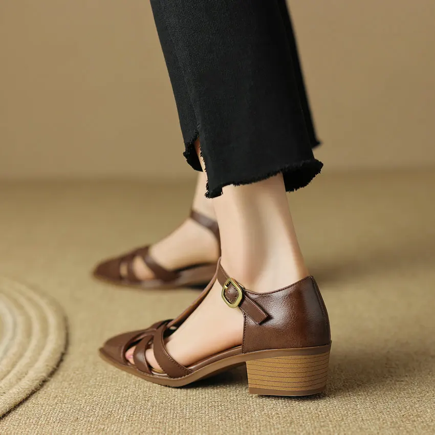 QUTAA 2023  Genuine Leather Women Sandals T-Strap Pumps Office Ladies Party Thick Med Heels Shoes Woman Summer Size 34-41